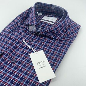 Eton Shirt Mens 16.5 42‎ Blue Red Plaid York Slim Fit Dress Cotton Button Front
